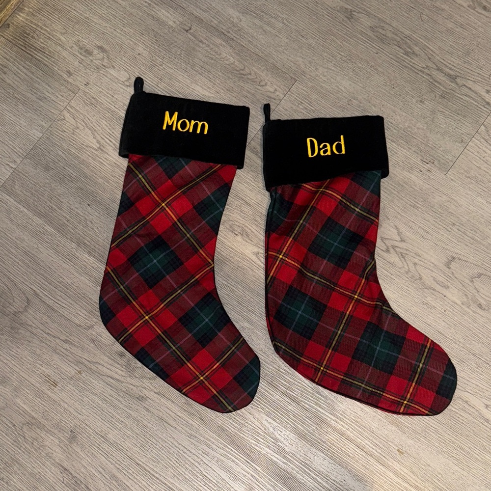 Plaid Christmas Stockings Set - Red and Green 100% Wool & Cotton